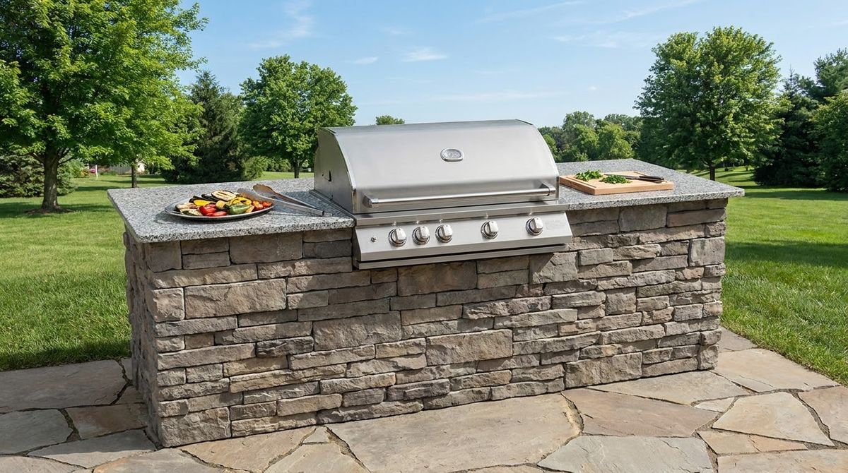Built-in gas grill with open granite counter space on both sides for platters