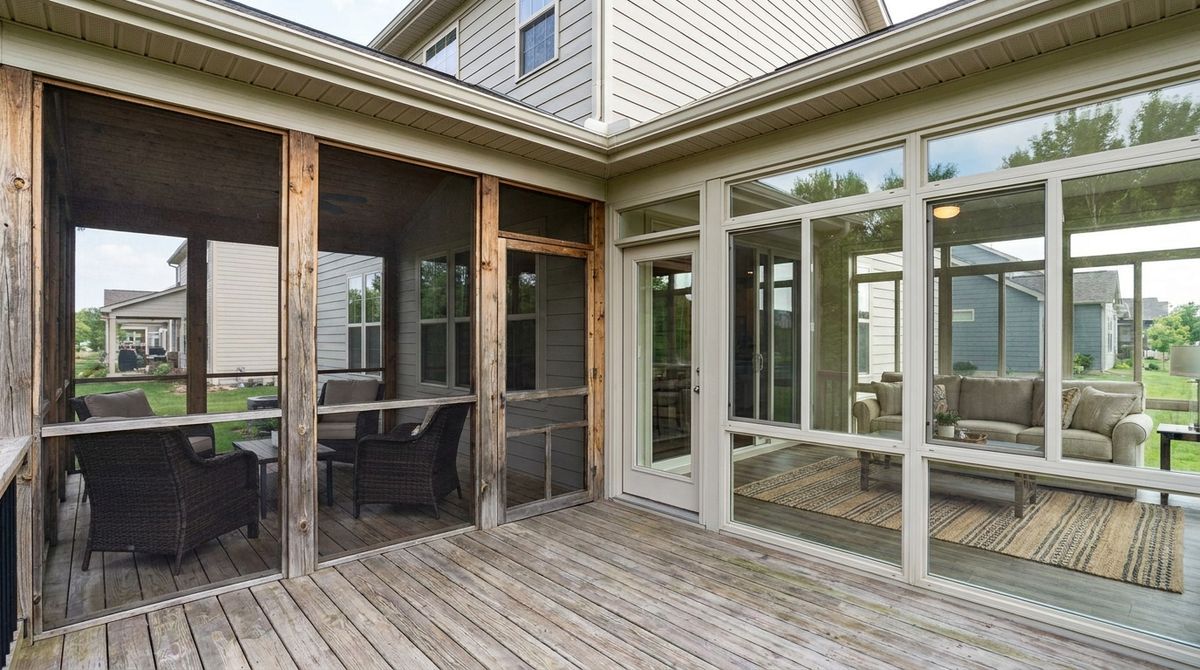 Interior of a screened porch beside a glass-walled sunroom with furniture in both