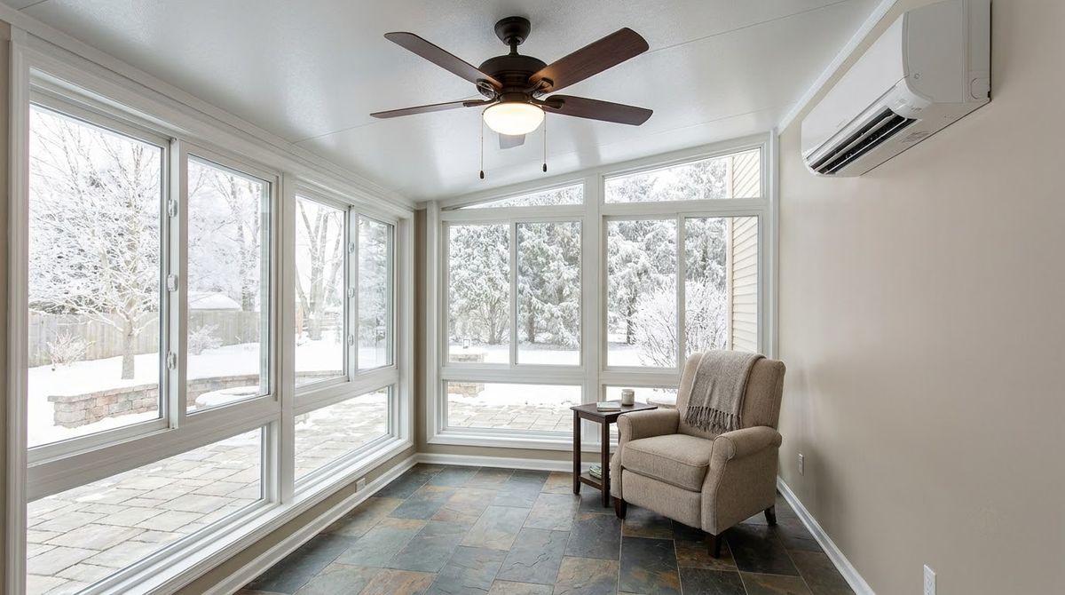 Four-season sunroom with insulated glass windows, a ceiling fan and a ductless wall unit