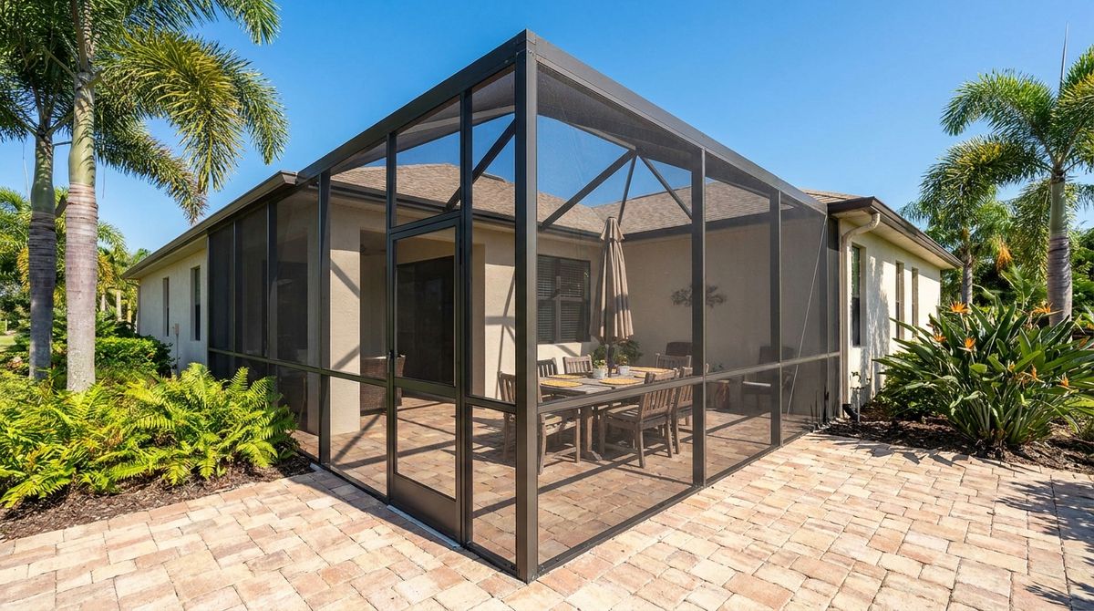 Screened lanai with a tall aluminum screen frame over a patio in a warm climate