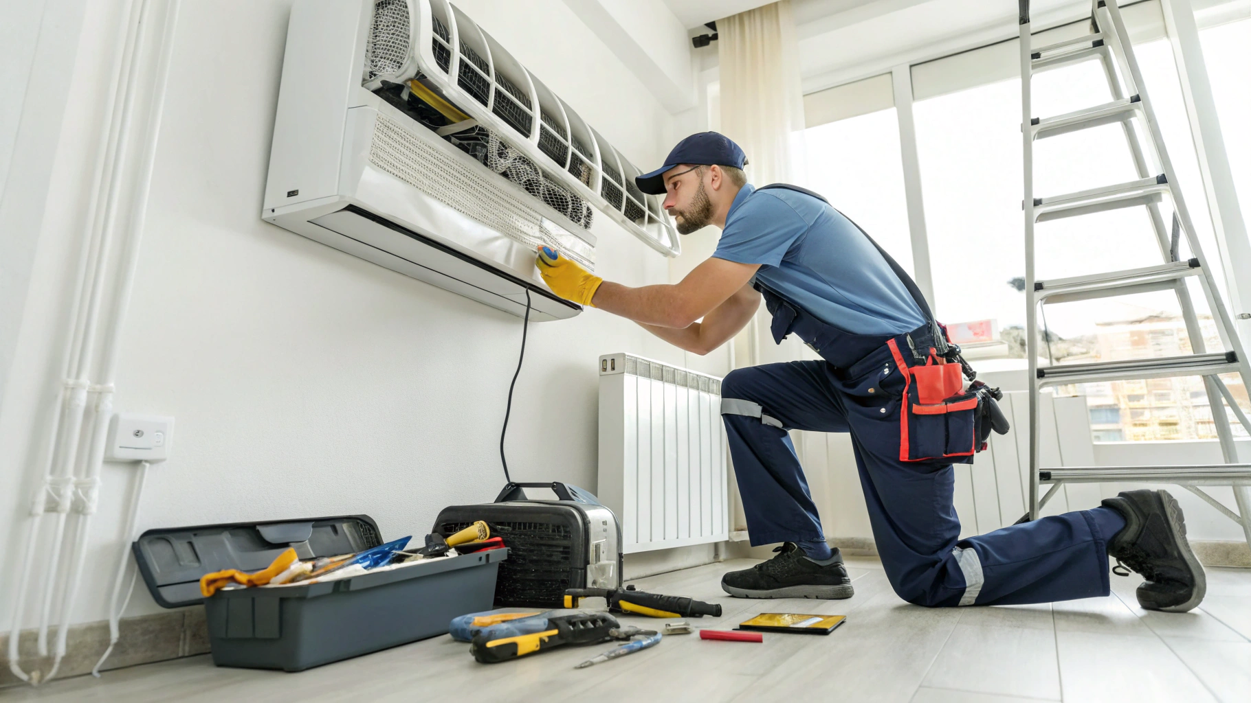 Chuyên gia vệ sinh máy lạnh đang làm việc