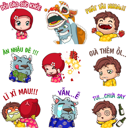 sticker tết vui nhộn, hóm hỉnh