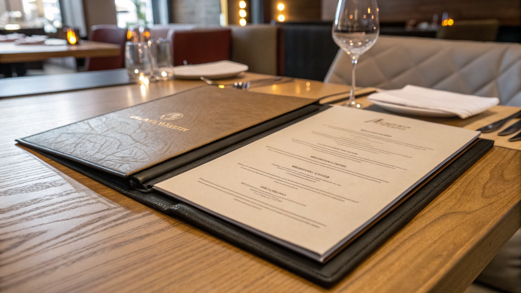 Menu nhà hàng sang trọng với thiết kế bìa da simili