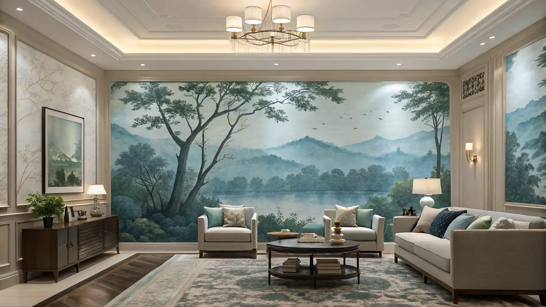 Tranh dán tường tạo không gian phòng khách sang trọng
