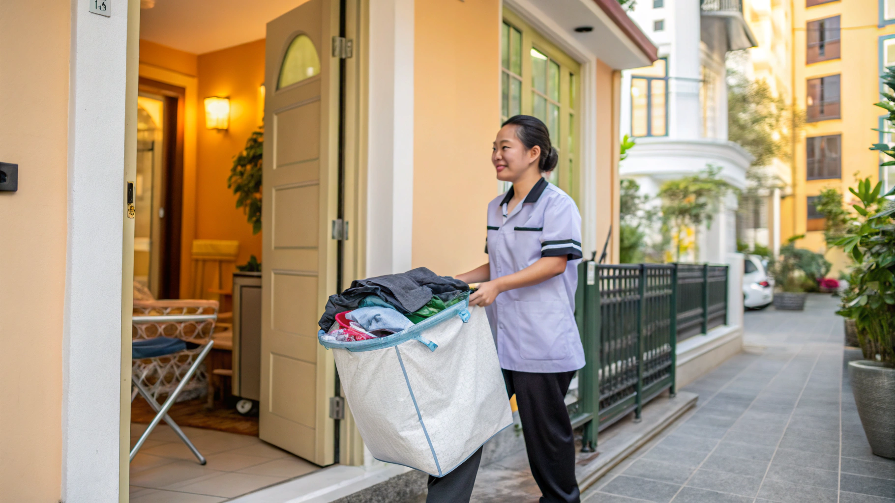 Nhân viên **Laundry Service** thu gom quần áo tại nhà khách hàng
