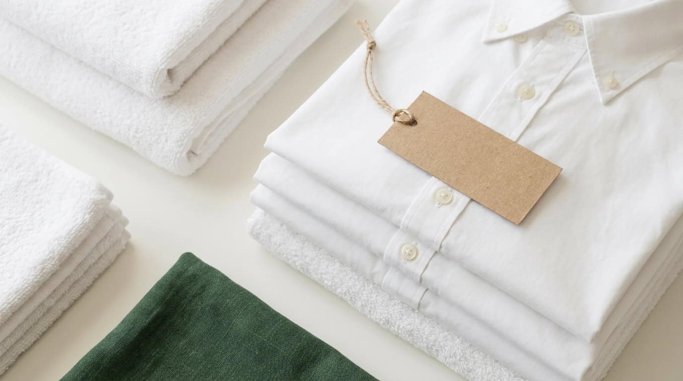 Neatly folded clean white shirts and towels with a kraft price tag, laundry service in Ho Chi Minh City
