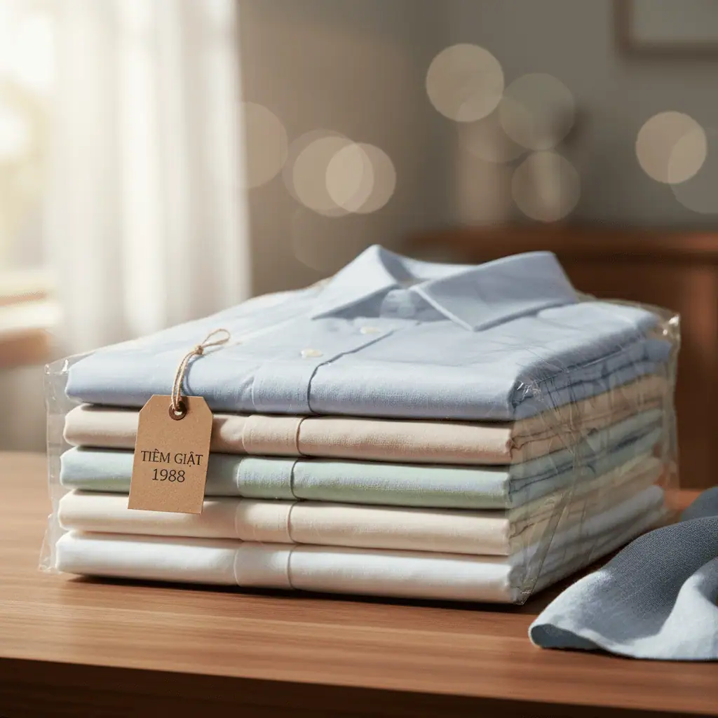 Folded pastel dress shirts wrapped in clear packaging with Tiem Giat 1988 tag