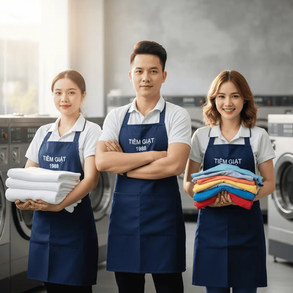 Tiem Giat 1988 team in branded aprons holding freshly folded laundry