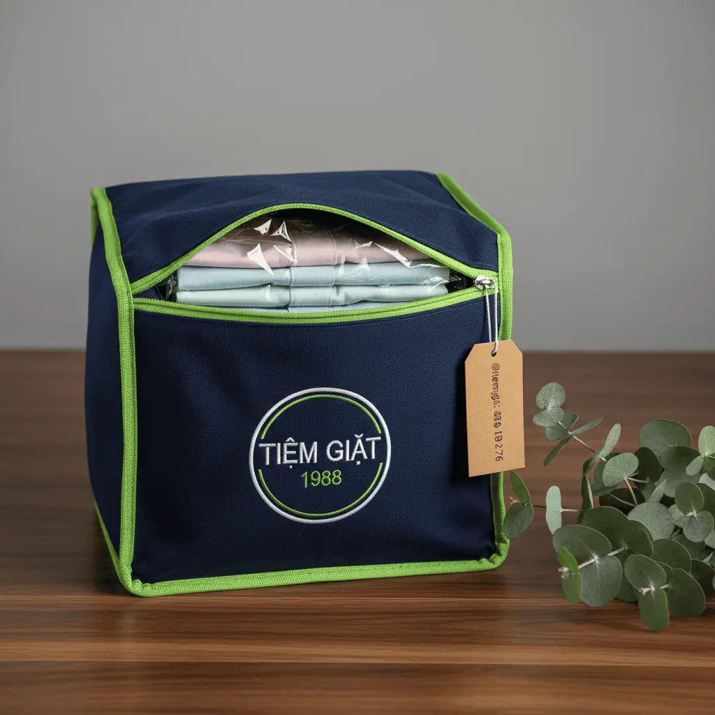 Tiem Giat 1988 branded delivery bag with folded laundry and kraft tag