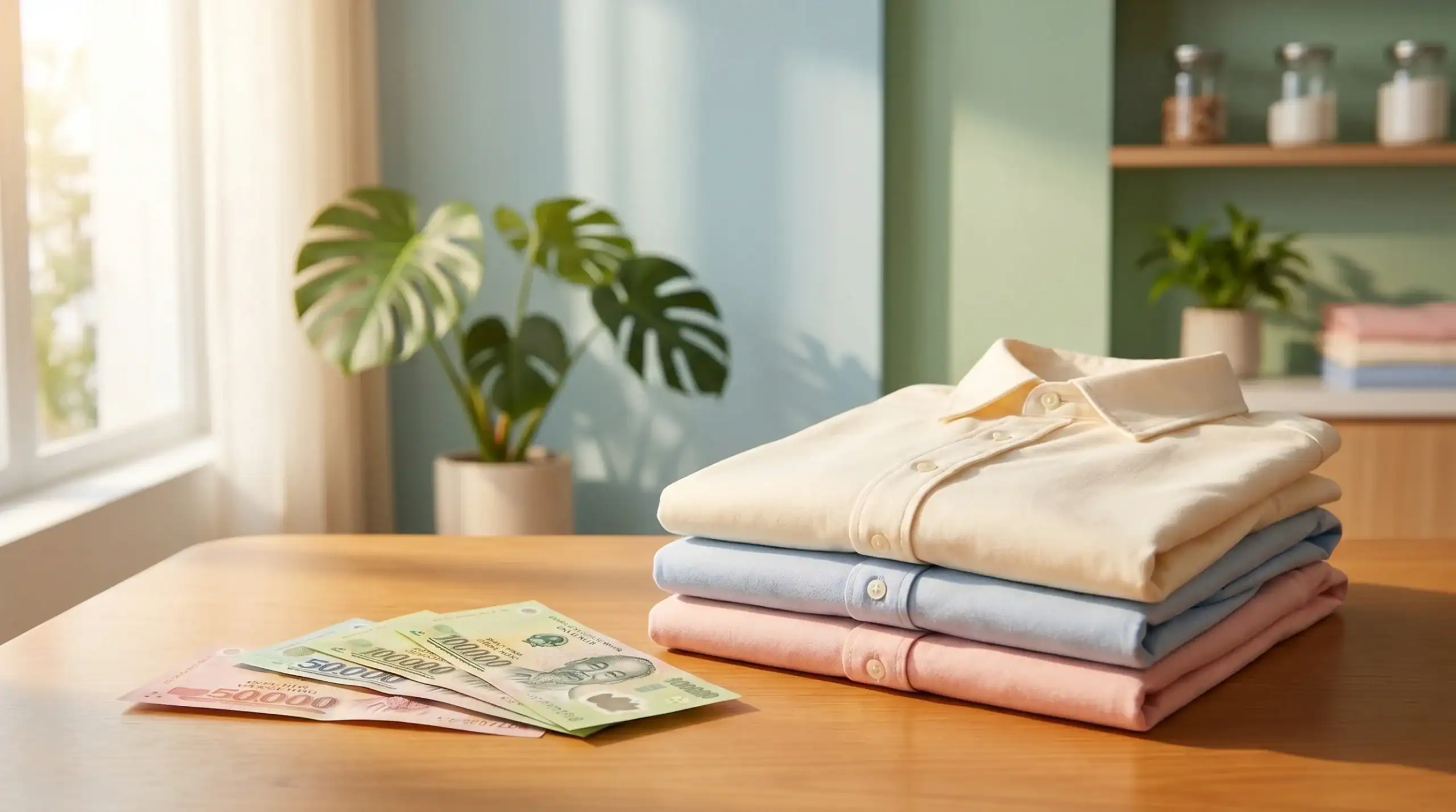 Stack of clean folded laundry with Vietnamese dong banknotes — Saigon laundry pricing guide