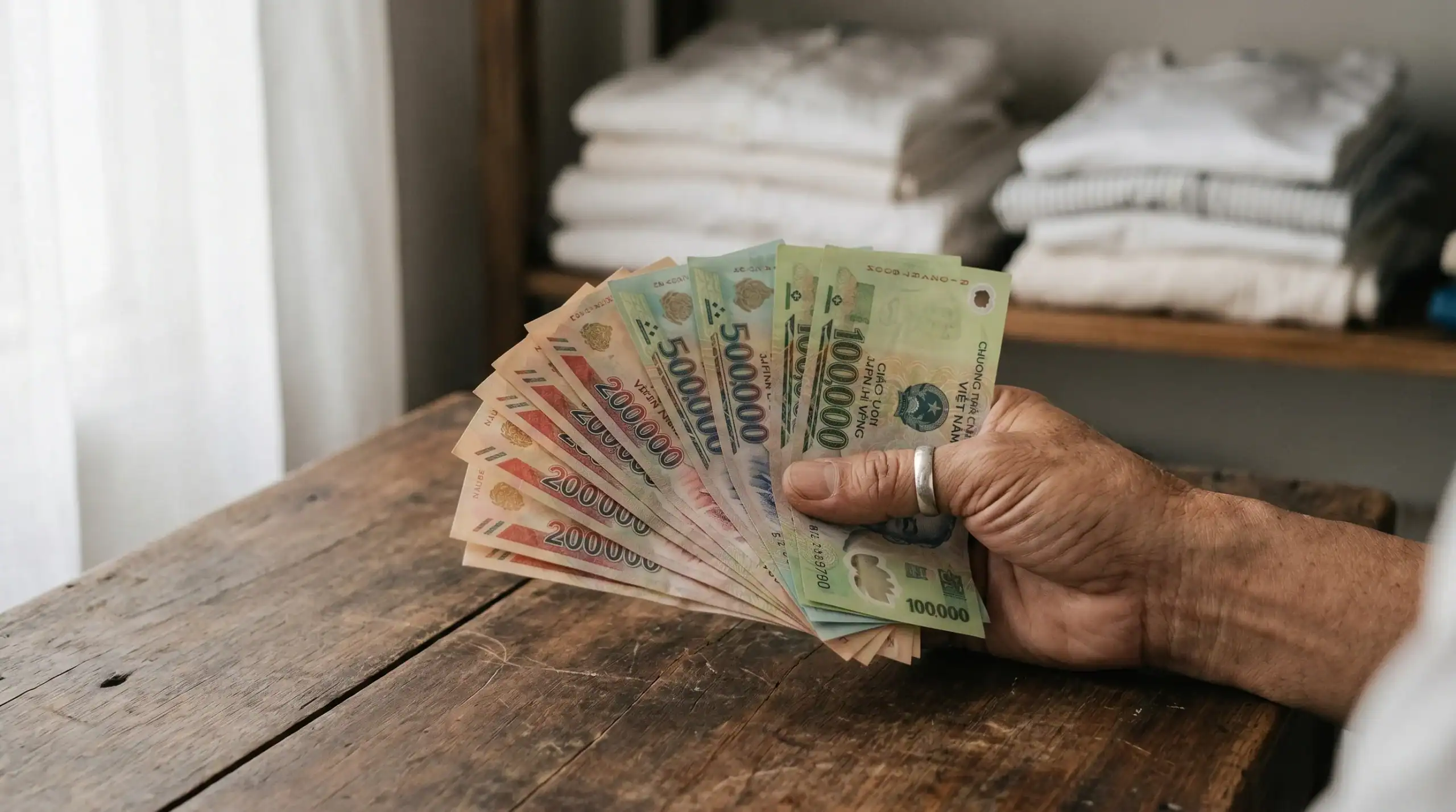 Hand holding Vietnamese dong banknotes — transparent laundry pricing in Saigon