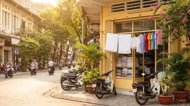 Saigon District 1 street scene with local laundry shop — best laundry guide