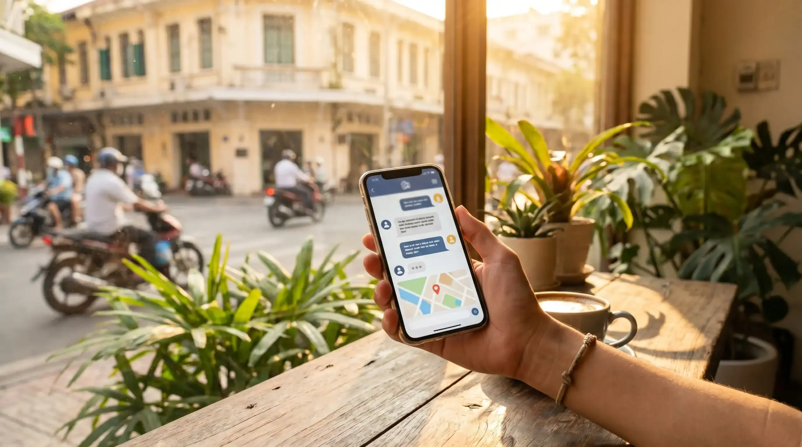 Smartphone showing WhatsApp laundry booking — modern Saigon convenience