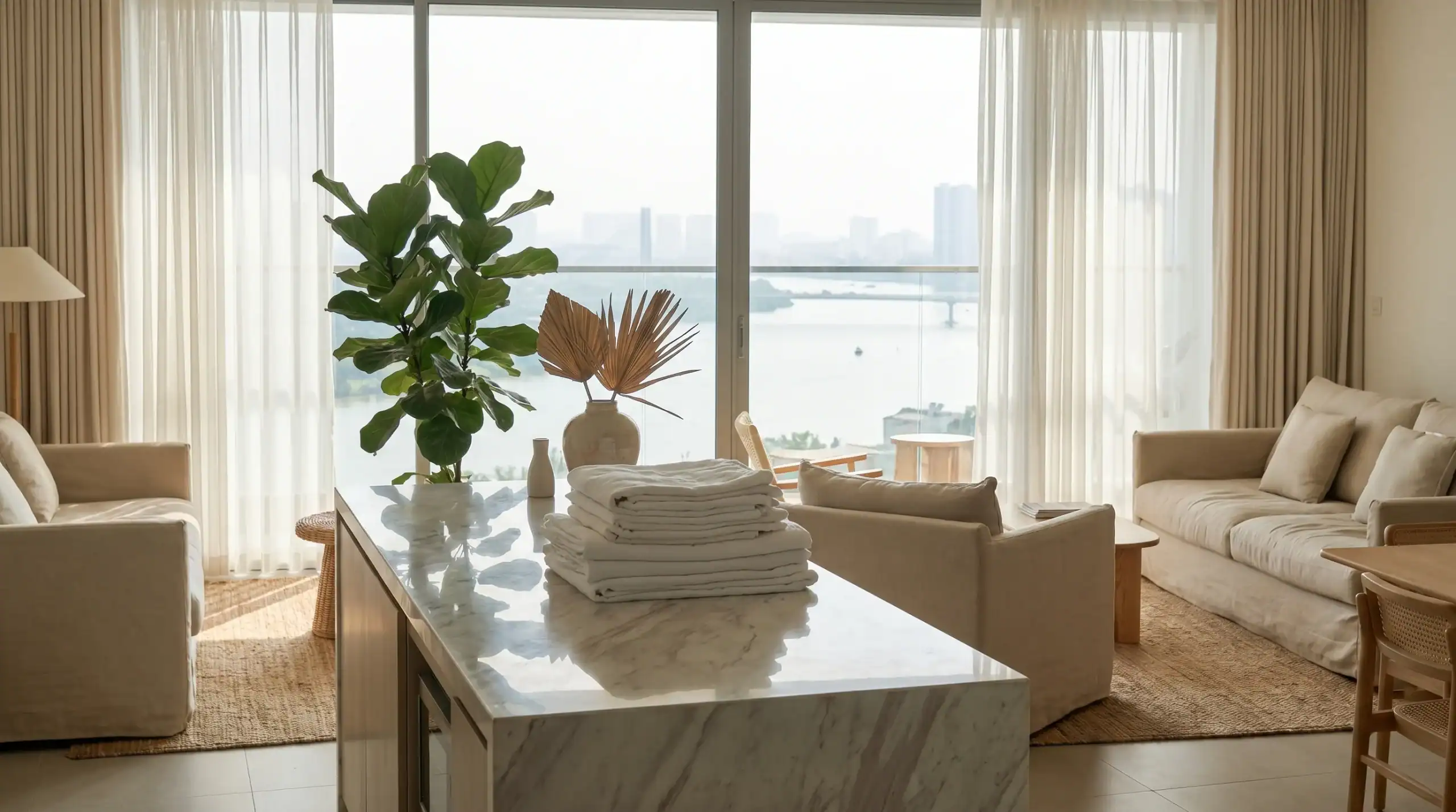 Modern Thao Dien District 2 expat apartment with clean folded laundry — Saigon expat guide