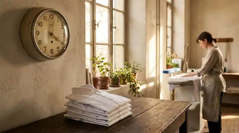 Vintage clock above folded crisp shirts — Express 4-hour laundry Saigon