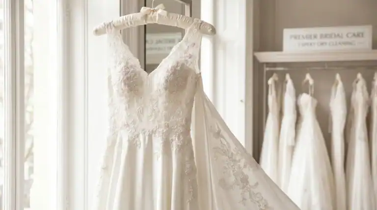 White silk wedding dress on satin hanger — Saigon wedding dress dry cleaning
