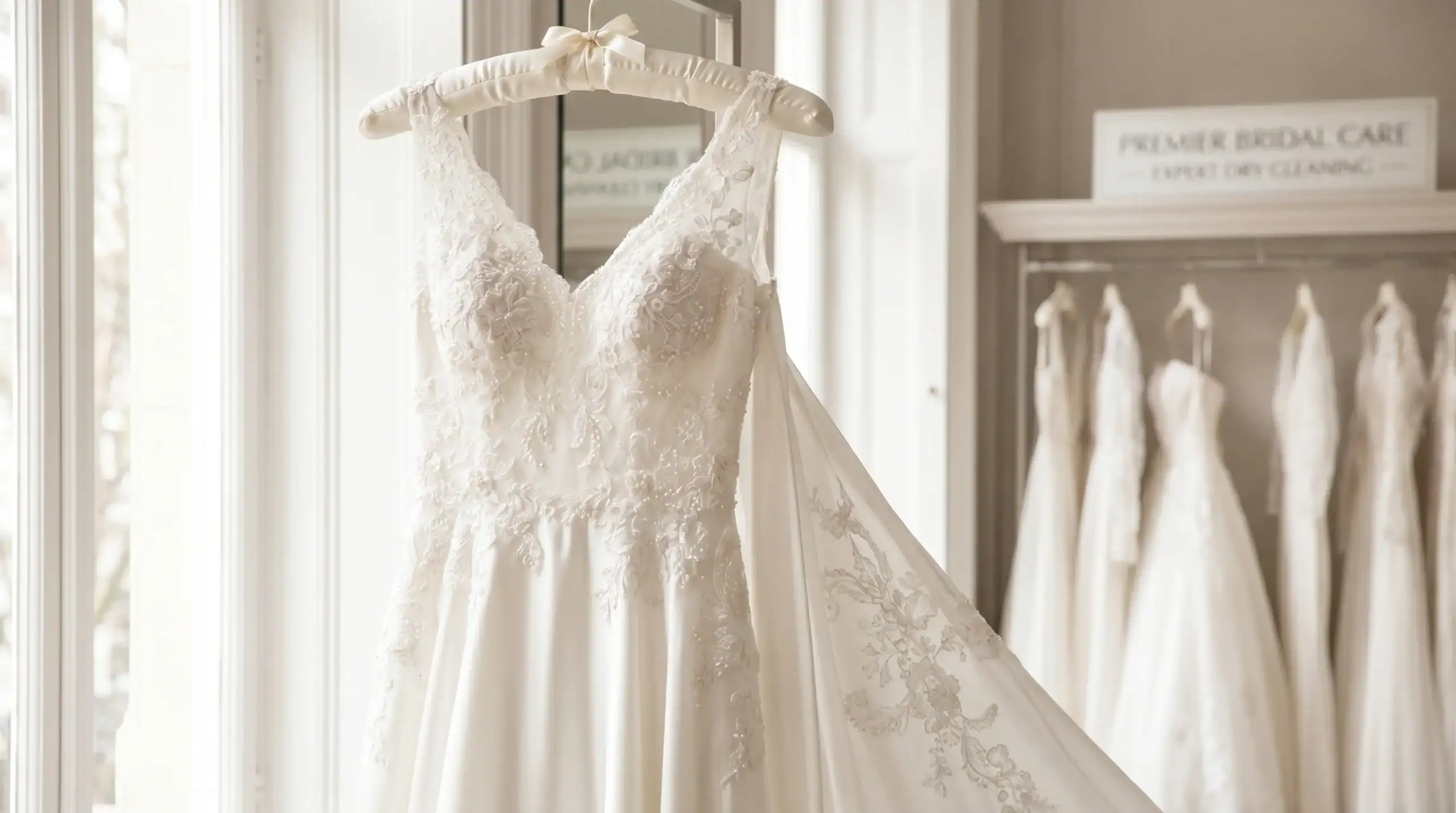 White silk wedding dress on satin hanger — Saigon wedding dress dry cleaning