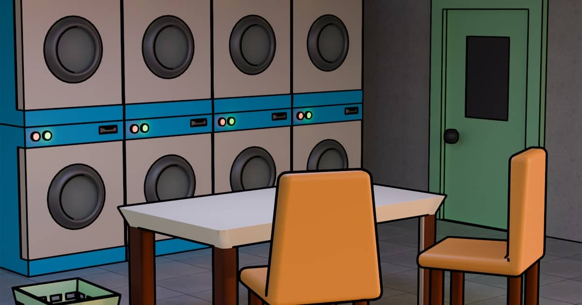 Bright laundry room with multiple washing machines, table and chairs for waiting, representing the interior of a laundry shop in Saigon