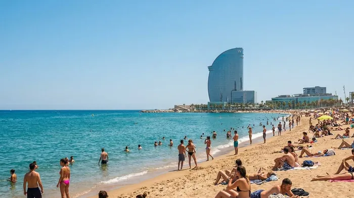 Illustration of swimmers at a Barcelona city beach in June