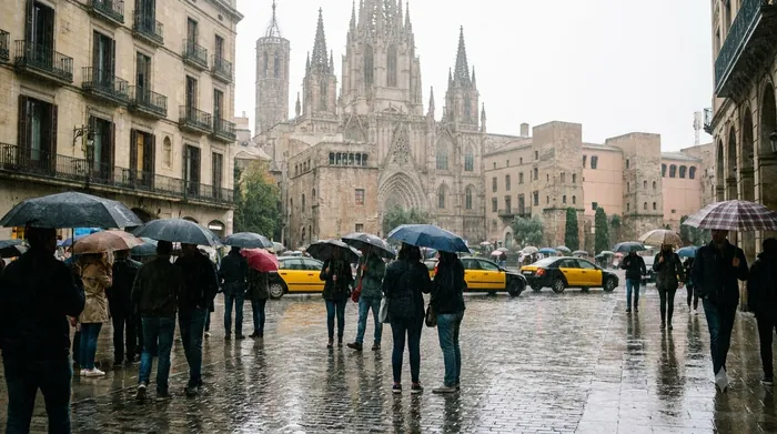 Illustration of heavy autumn rain on a Barcelona street
