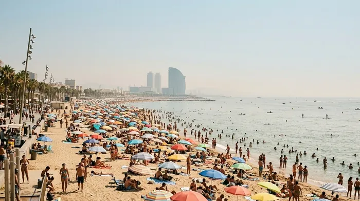 Illustration of a crowded Barcelona beach in August heat