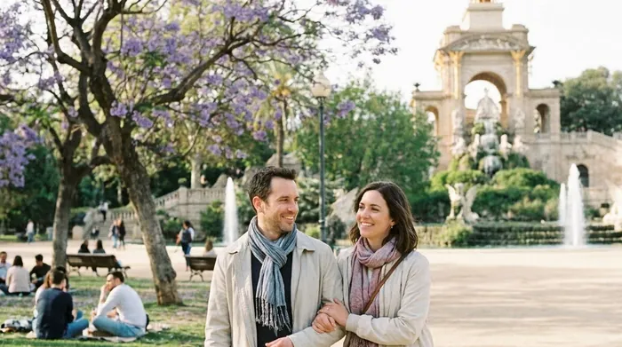 Illustration of a couple walking in a Barcelona park in spring