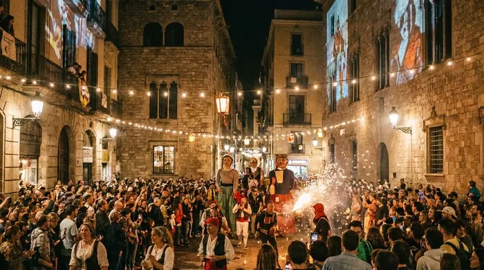 Illustration of a Barcelona street festival at night