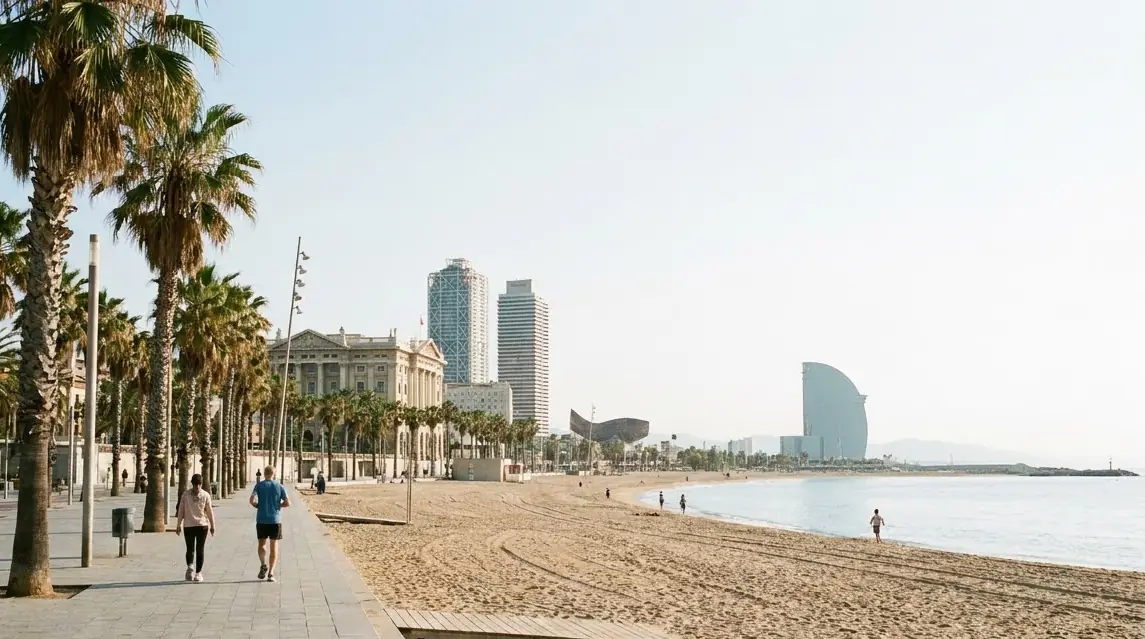 Illustration of Barcelona's beach promenade on a soft spring morning