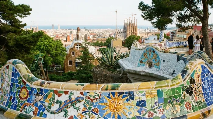 Illustration of a mosaic-tiled terrace in a Barcelona park