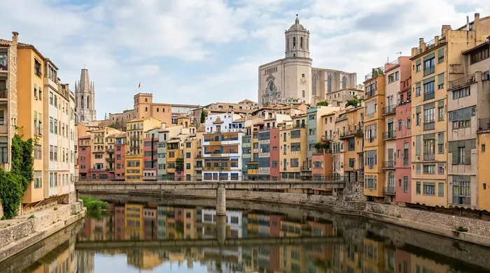 Illustration of colourful riverside houses in Girona