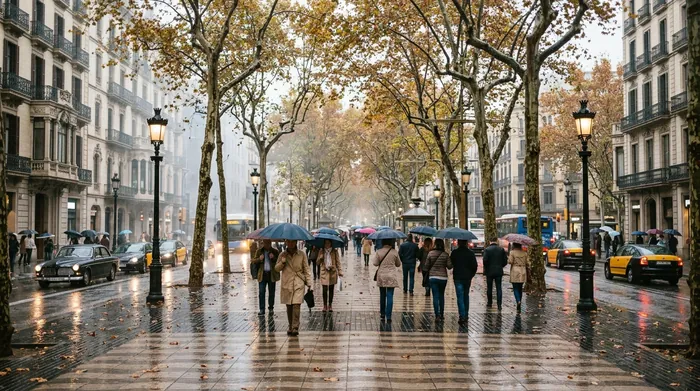Illustration of a Barcelona boulevard in autumn rain