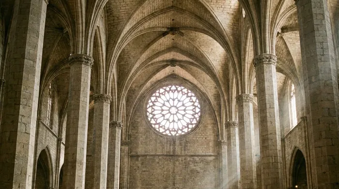 Illustration of a tall Gothic church interior with slender columns