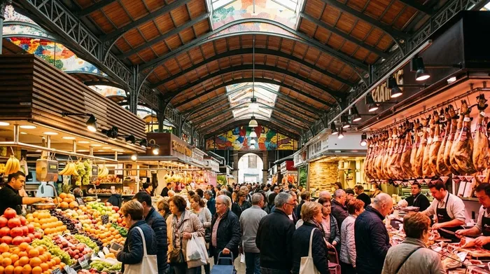 Illustration of a busy covered food market in Barcelona
