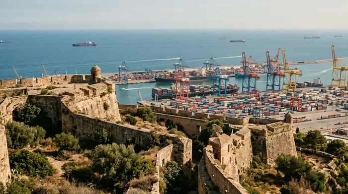 Illustration of hilltop fortress walls above Barcelona's port