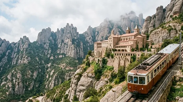 Illustration of a rack railway climbing to a mountain monastery