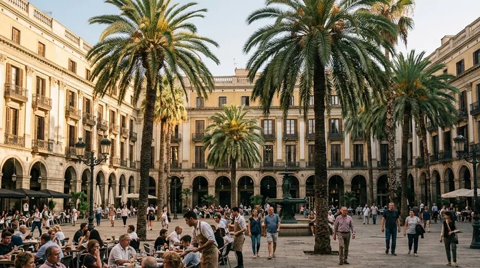 Illustration of a Gothic Quarter square with palm trees in Barcelona