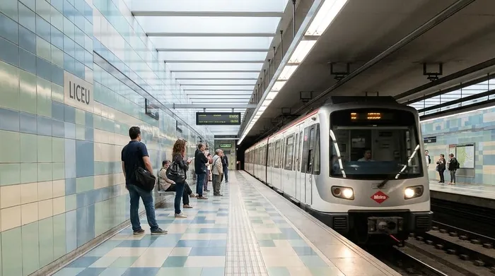 Illustration of a train arriving at a Barcelona metro platform