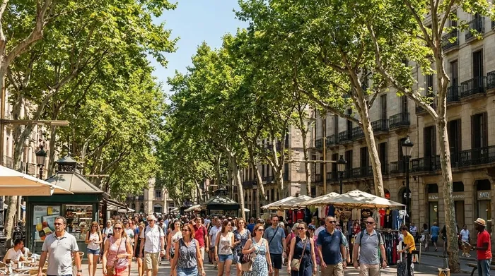 Illustration of a crowded tree-lined boulevard in Barcelona in summer