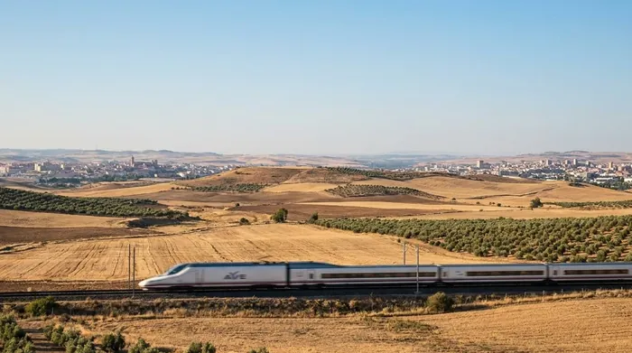 Illustration of a high-speed train crossing the Spanish countryside