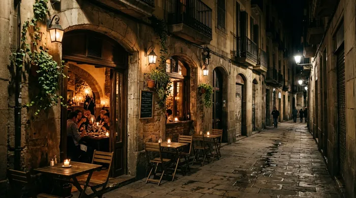Illustration of a small candlelit restaurant in a Barcelona lane