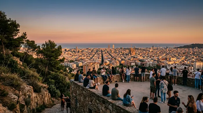 Illustration of people watching sunset over Barcelona from a hillside park