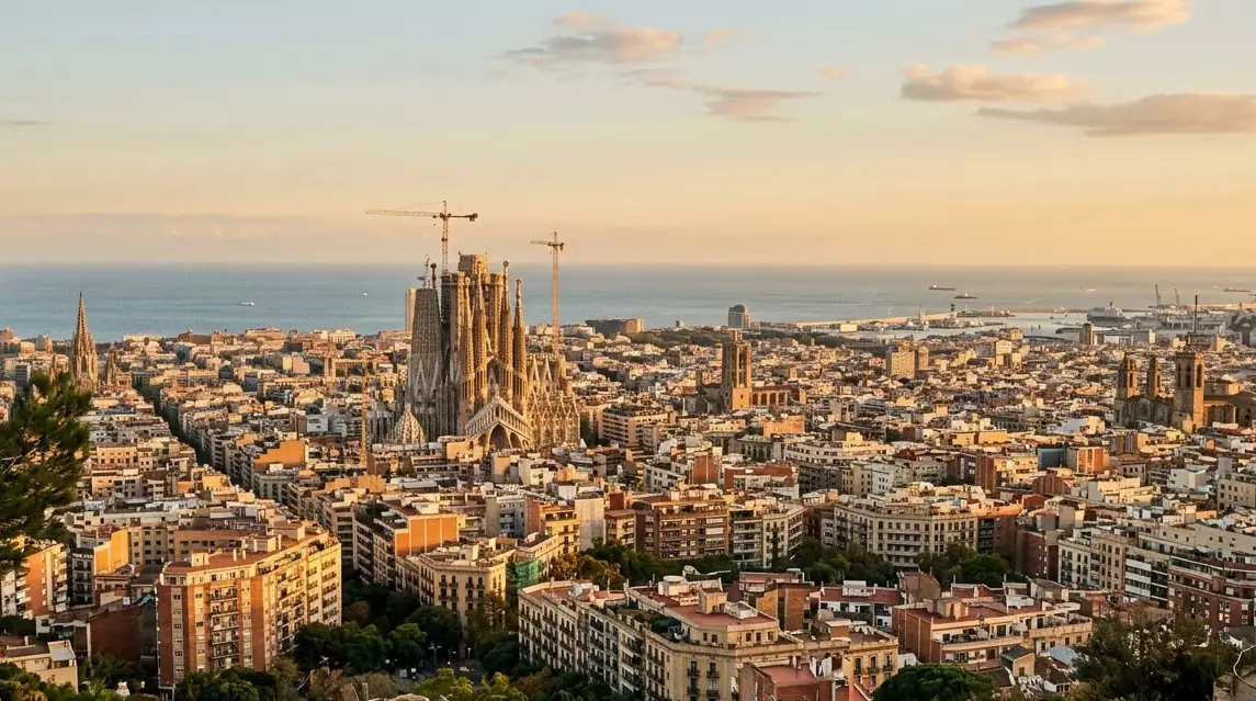Illustration of Barcelona's skyline and basilica spires at golden hour