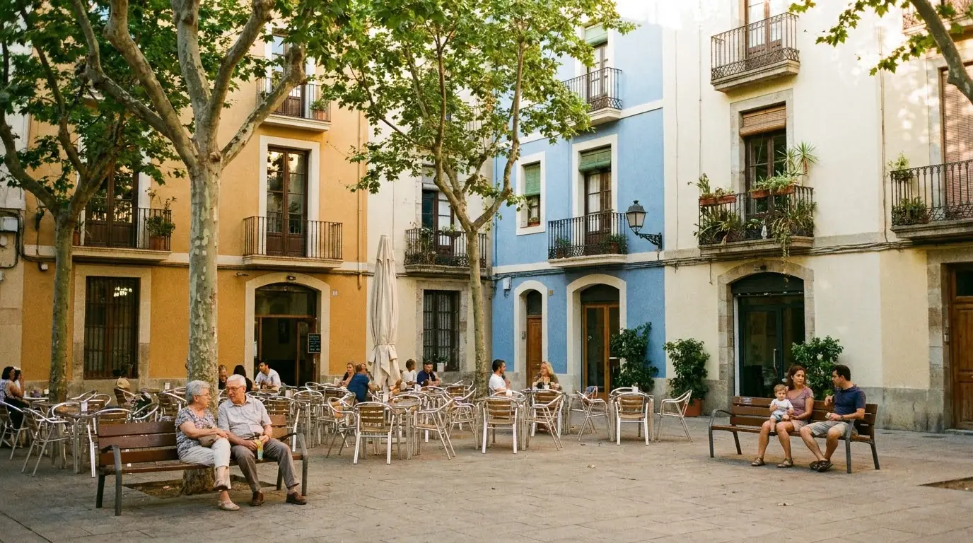 Café terraces in a small tree-lined square in Gràcia, Barcelona