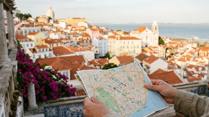 Illustration of a map held above a Lisbon viewpoint