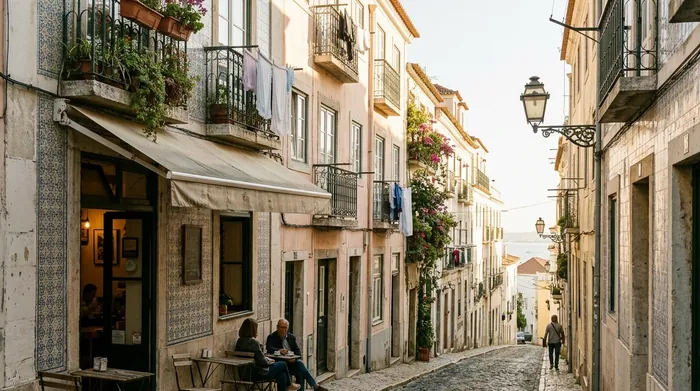 Illustration of a narrow lane with a café in Alfama, Lisbon
