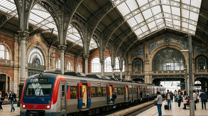 Illustration of a train at an ornate old railway station in Lisbon