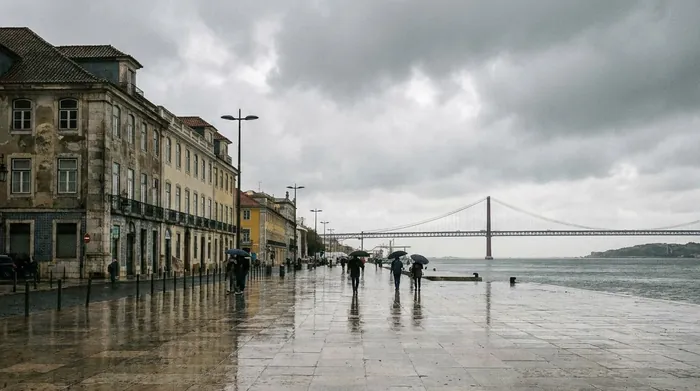 Illustration of Lisbon's riverside promenade under rain clouds