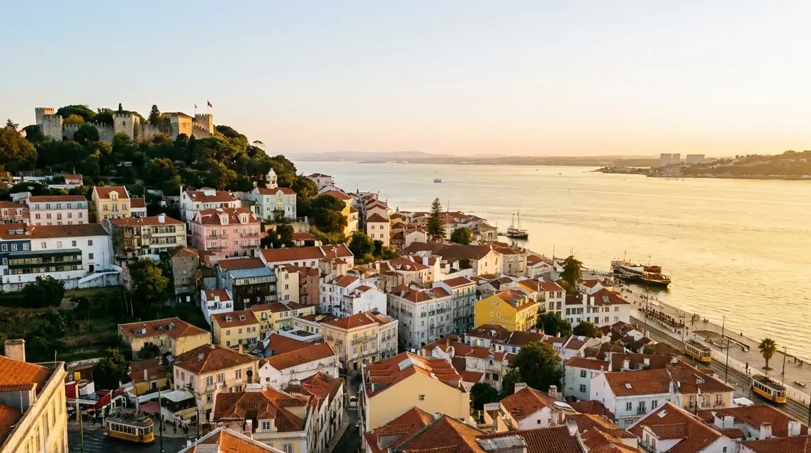 Illustration of Lisbon's rooftops, castle hill and the Tagus in afternoon light