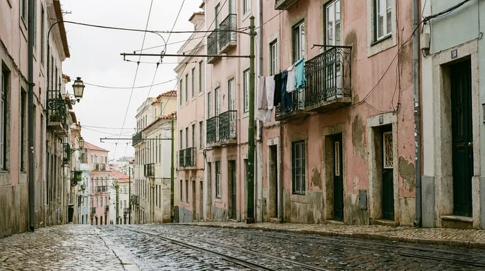 Illustration of a cobbled Lisbon street with tram tracks and laundry on a balcony