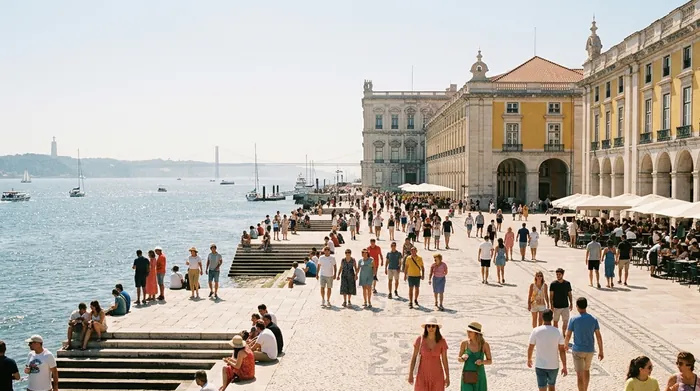 Illustration of a sunny riverside square in Lisbon